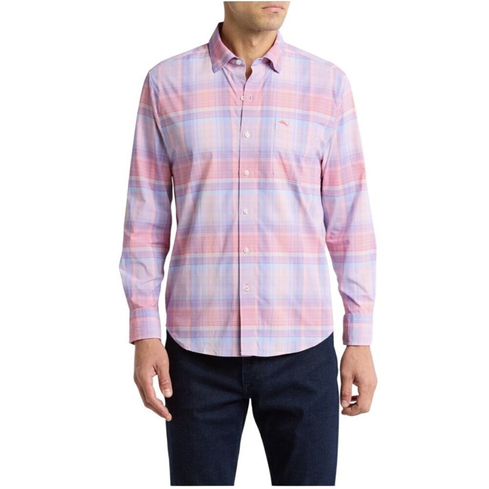 Tommy Bahama Mens Orange Blue UPF Checked Collared Button Up Shirt Sz M New